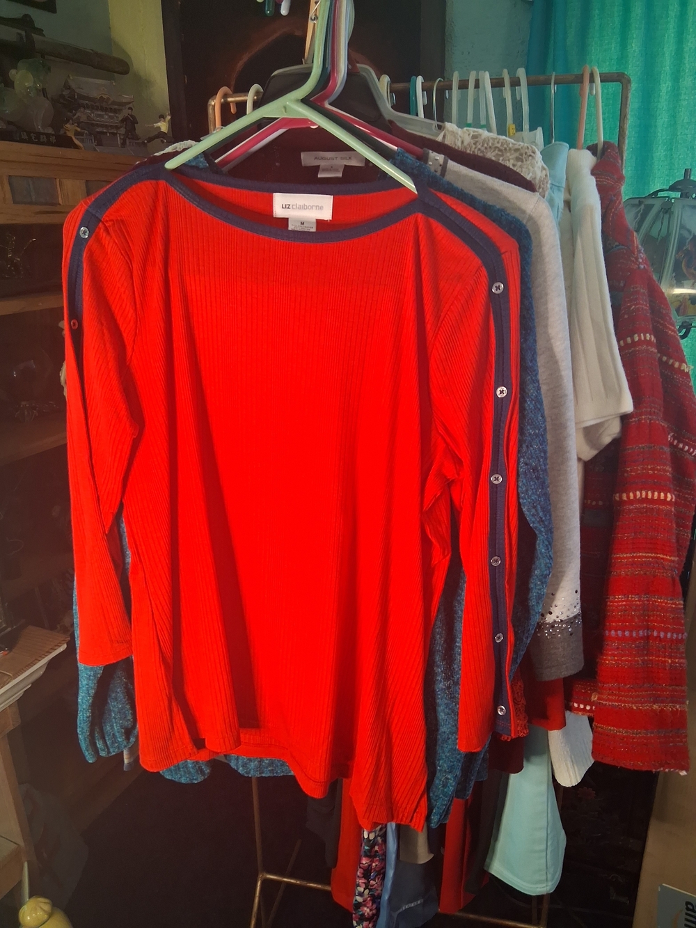 Liz Claiborne Red Snap-Trim Ribbed Women's Sweater